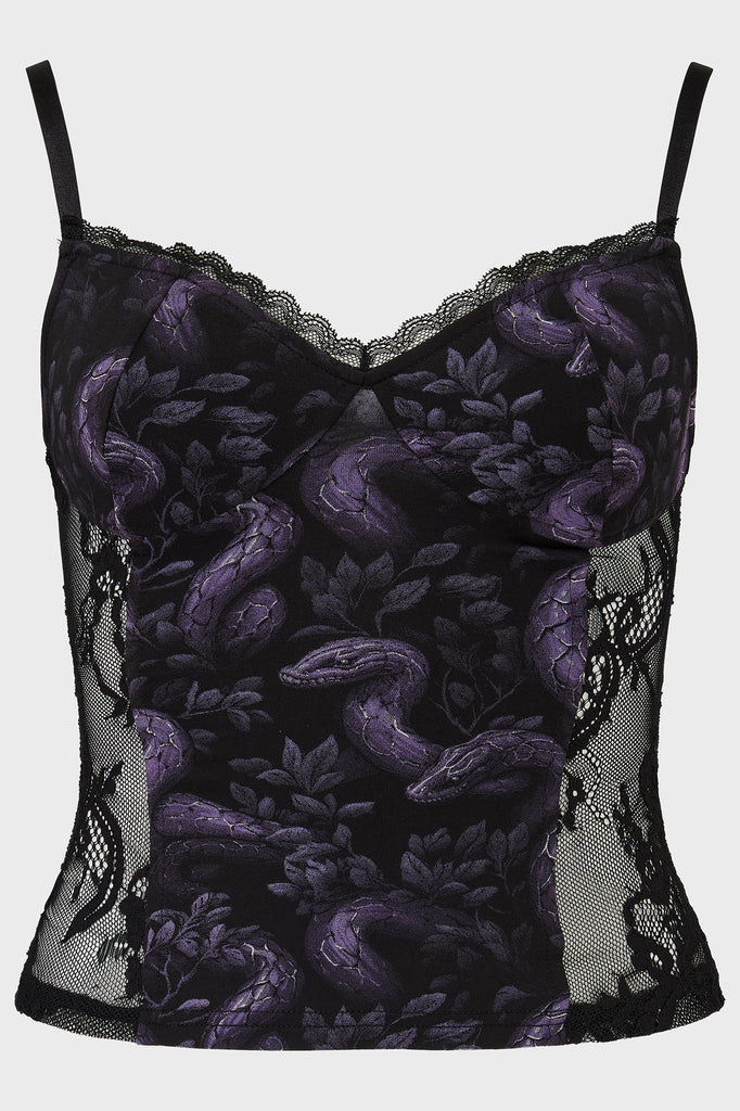 Black lace camisole with purple snake pattern on a white background