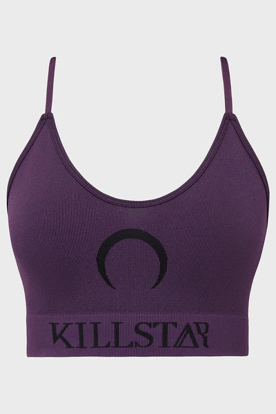 Purple sports bra with 'Killstar' branding on a white background