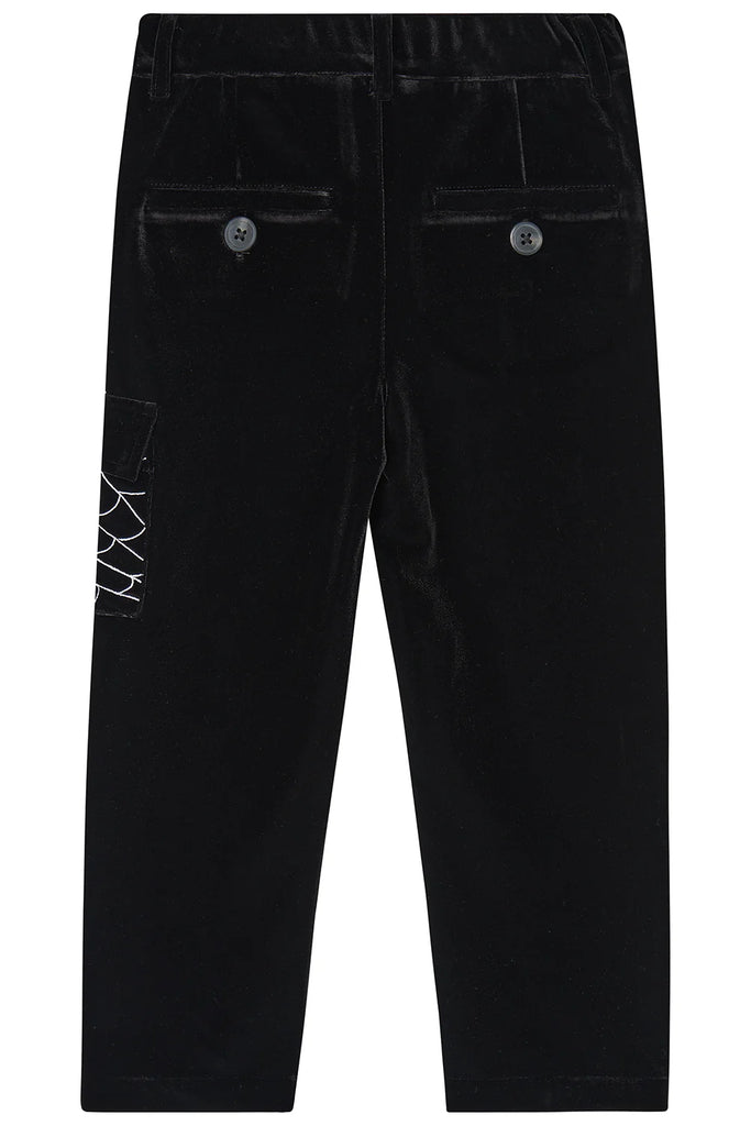 Black pants with white text on a white background