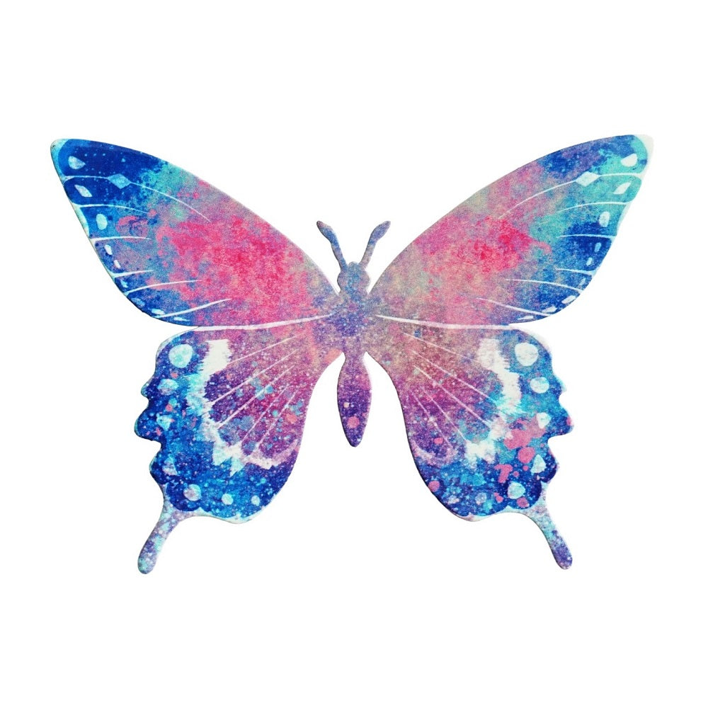Colorful butterfly design with abstract patterns on a white background