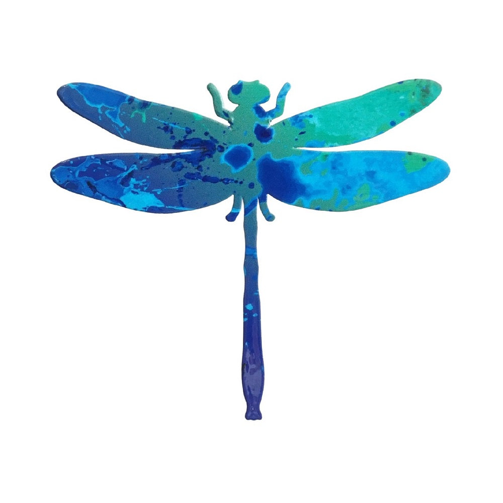 Blue and green dragonfly-shaped object on a white background