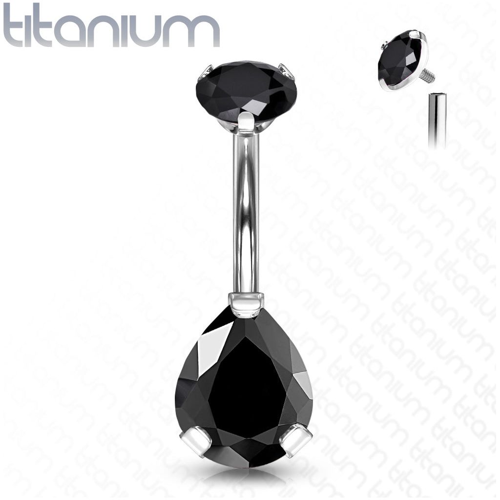 Titanium  Prong Set Pear CZ | Navel Bar {Black}
