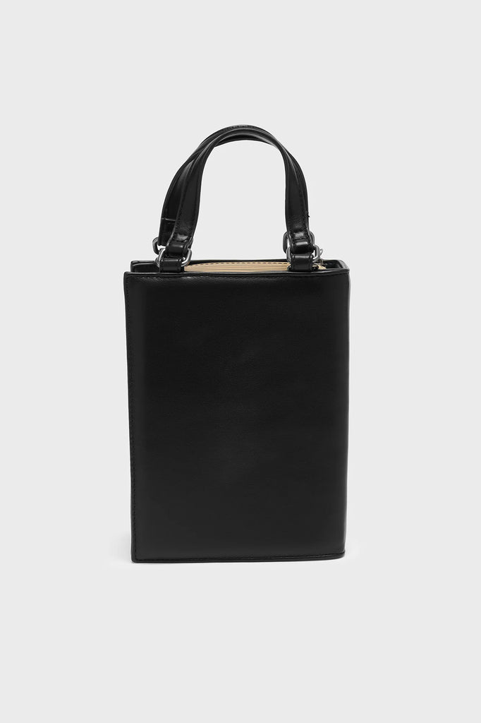 Black handbag with a rectangular shape on a white background