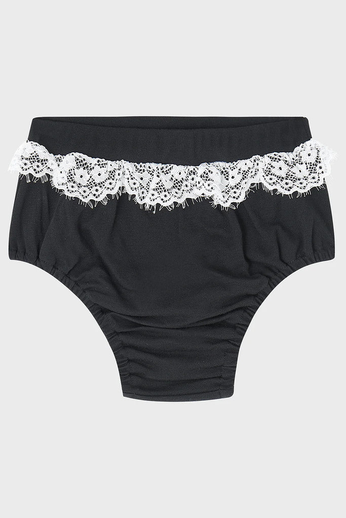 Black underwear with white lace trim on a light gray background