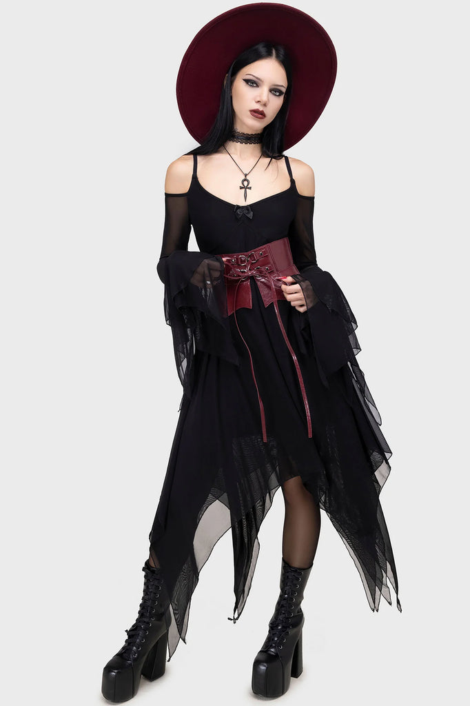 Gothic-style outfit with black dress, red belt, and maroon hat on a white background