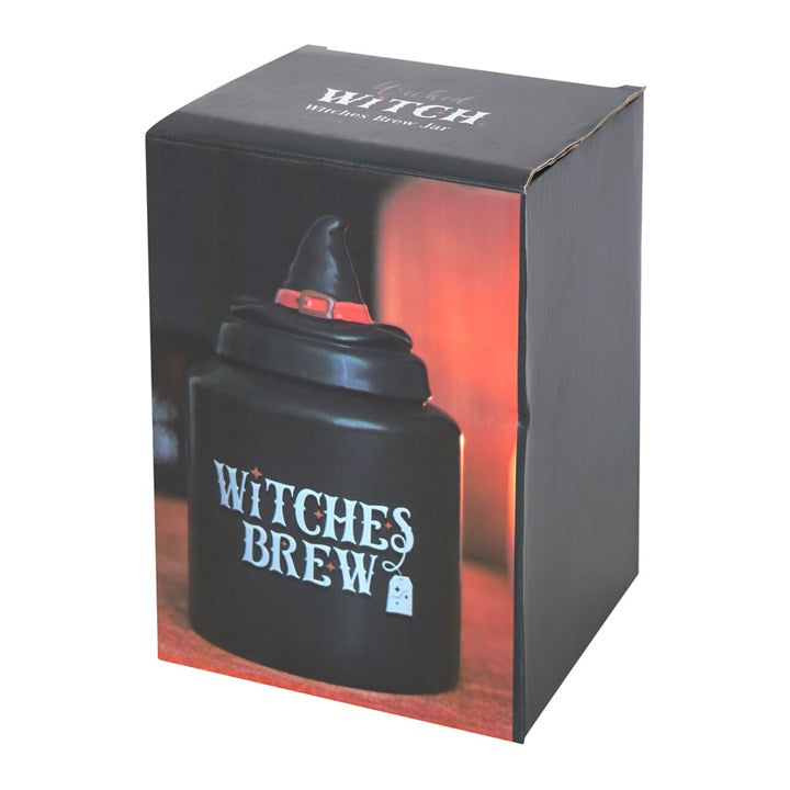 Black container labeled 'Witches Brew' in a box with 'Witch' text on a white background