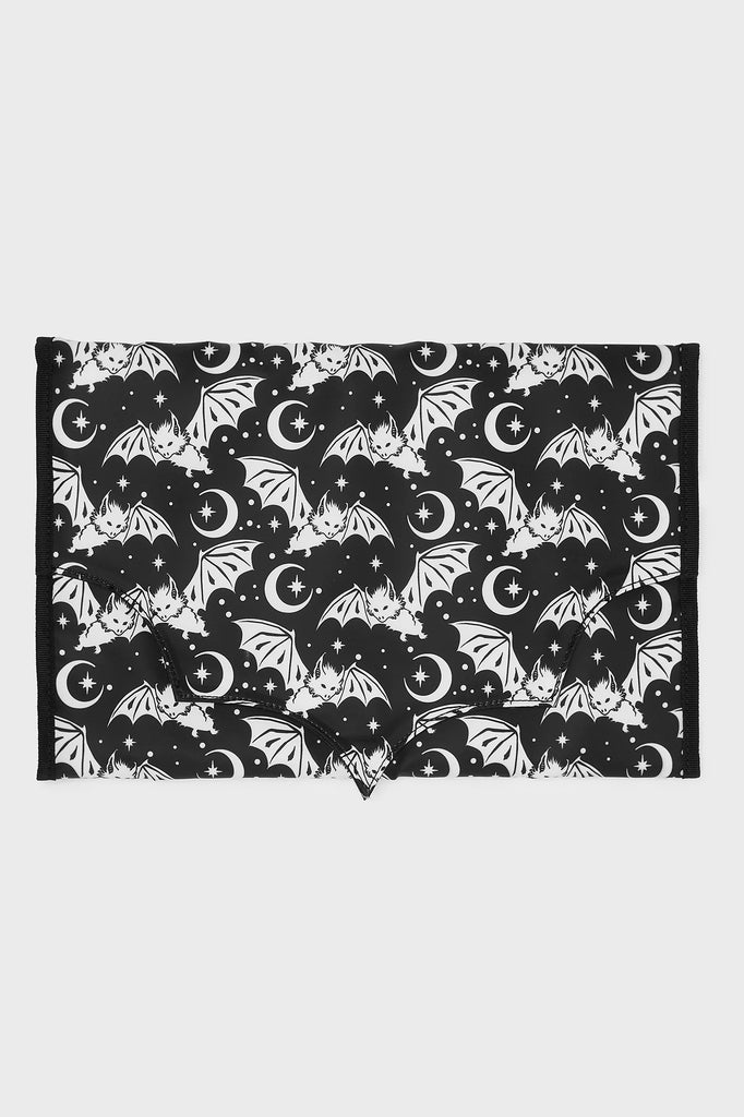 Fleece blanket with black and white bat pattern on a white background