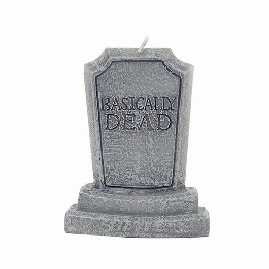 Gray tombstone-shaped candle with 'Basically Dead' text on a white background