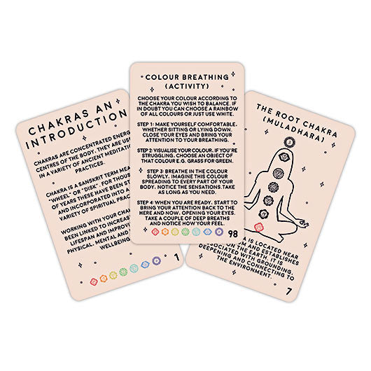 Three educational cards about chakras and colour breathing on a white background