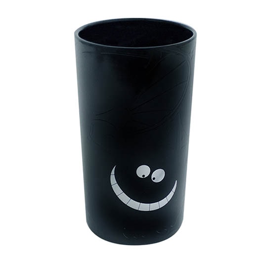 Black tumbler with a smiley face design on a white background