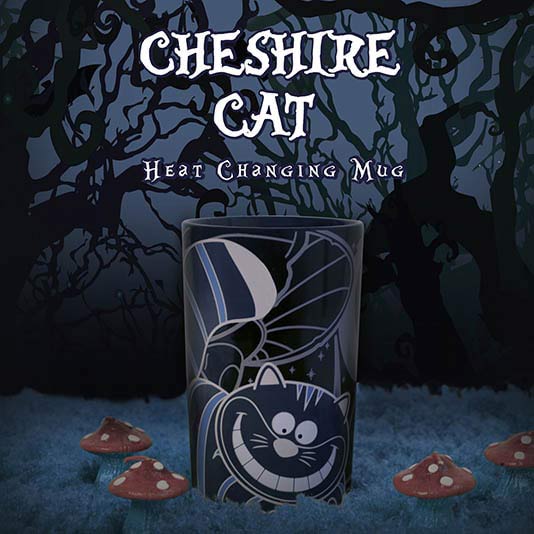 Heat-changing mug with Cheshire Cat design against a dark forest background