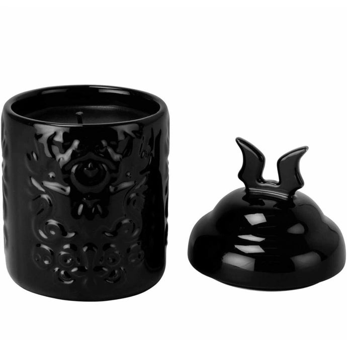Black ceramic candle holder with decorative design and matching lid on a white background