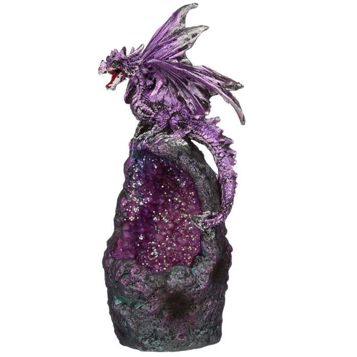 Dragon figurine on a purple crystal-like base against a white background