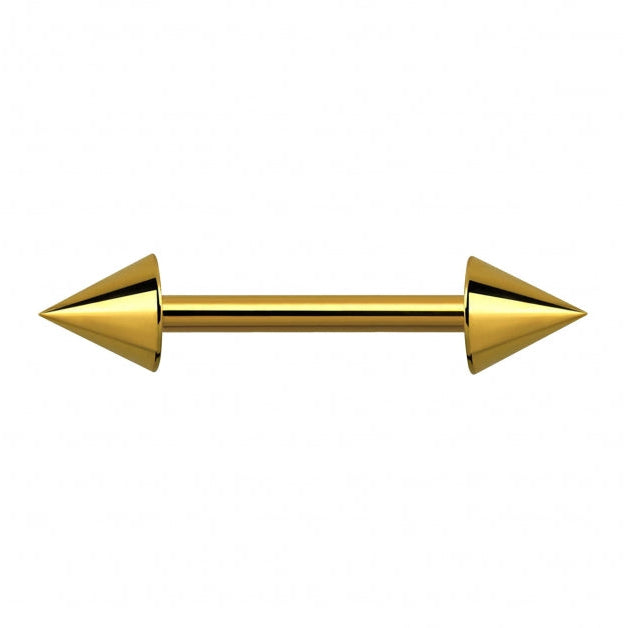 Gold double-pronged barbell on a white background