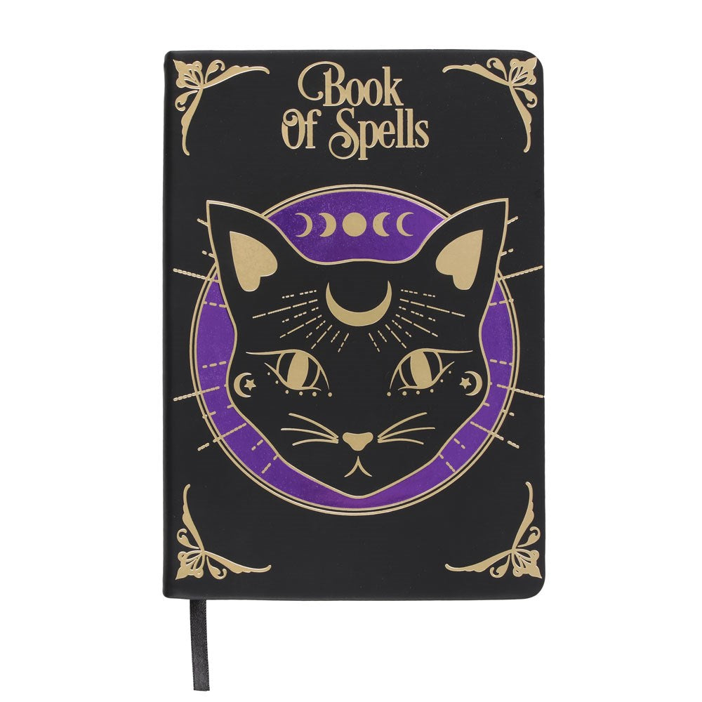 Black notebook with a cat illustration and 'Book of Spells' text on a white background