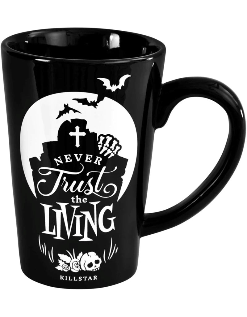 Black mug with Halloween-themed design and 'Never Trust the Living' text.