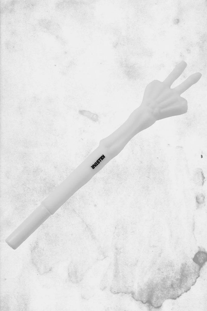 White glove with a brand logo on a snowy background