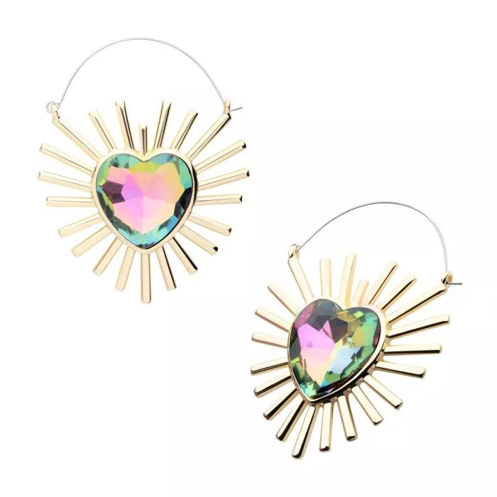 Gold Sparkle Sunray Heart Plug Hoops | Sold as pair