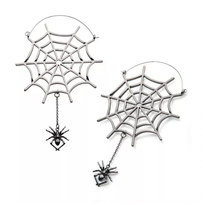 Spider & Web Dangle Plug Hoops | Sold as pair