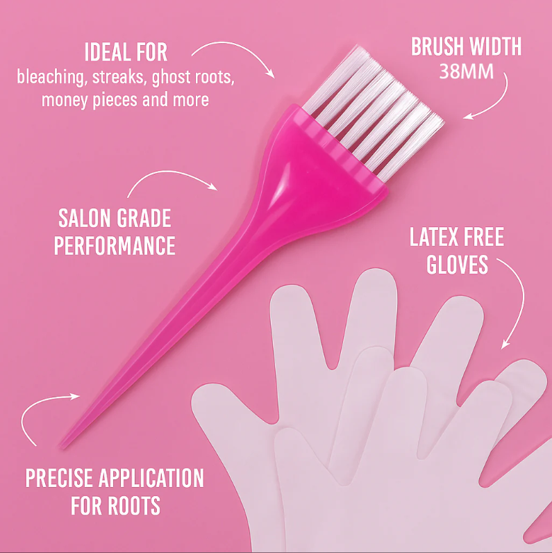 Hair coloring brush with pink handle and white bristles on a pink background, featuring text about its uses and features.