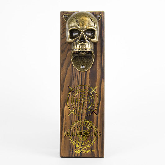 Wooden bottle opener with skull design on a white background