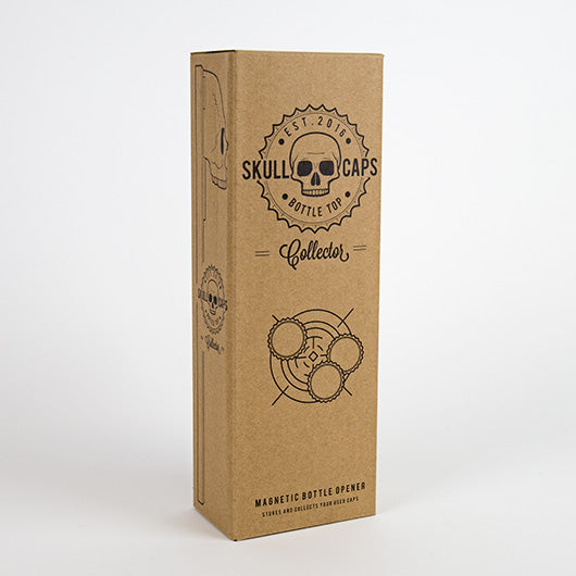 Kraft paper packaging box with 'Skull Caps' branding on a white background